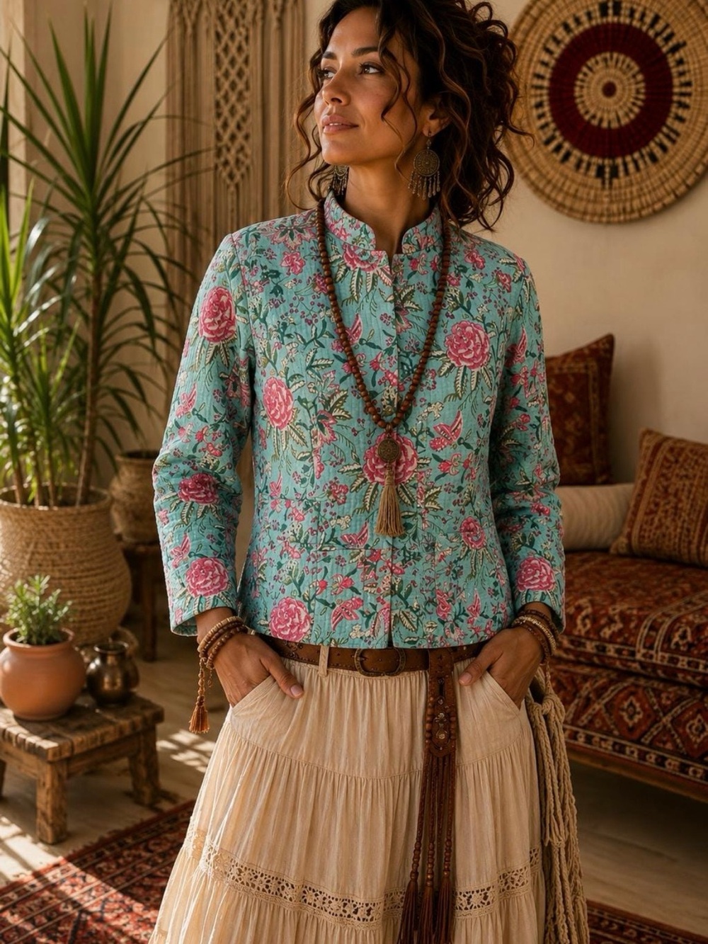 Reversible Turquoise Floral & Pink Stripe Kantha-Style Cotton Jacket